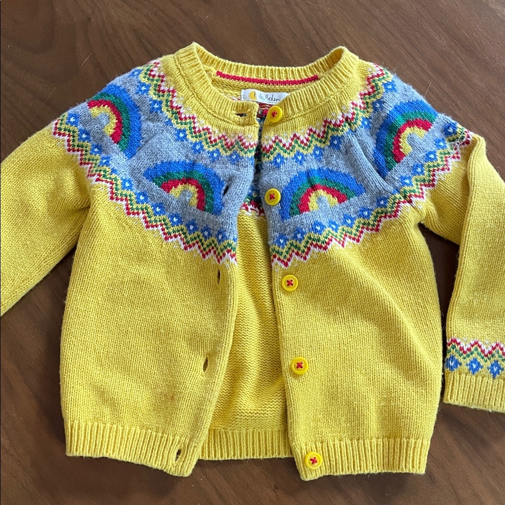 Baby Boden Yellow Knit Cardigan with Rainbow Pattern